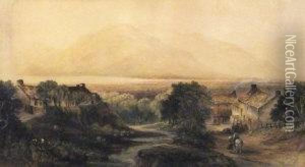View Of A Village With Mountains In The Distance; 
Watercolour Oil Painting - Thomas Thorpe