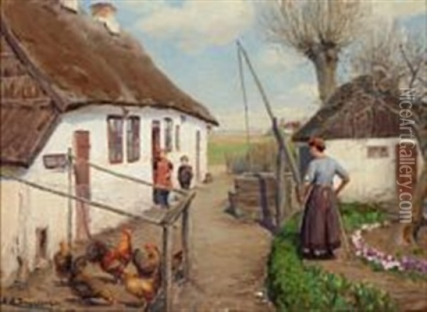 Farm Exterior With Children And A Woman Oil Painting - Hans Andersen Brendekilde