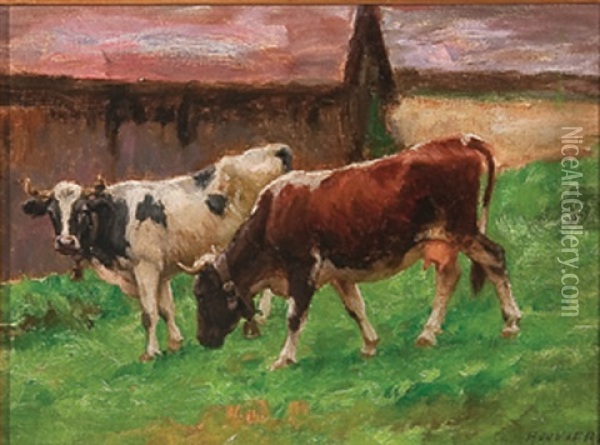 Grazing Cattle Oil Painting - Charles Claude Etienne Rouviere