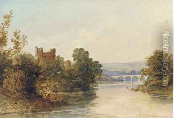 Castle ruins on the banks of a river, a bridge beyond Oil Painting - Edward M. Richardson