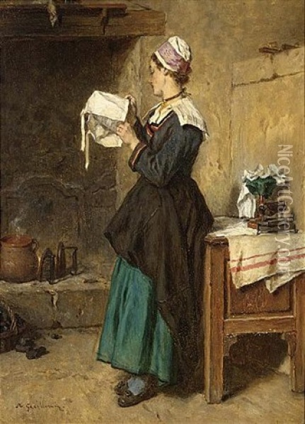 A Lady Ironing Oil Painting - Alexandre Marie Guillemin