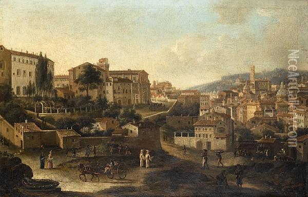 A View Of Rome From The Monti Looking West Oil Painting - (circle of) Wittel, Gaspar van (Vanvitelli)