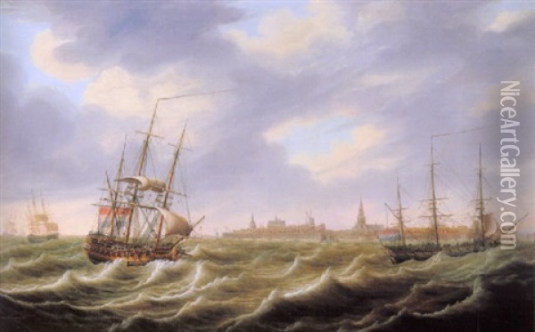 Shipping Off A Harbour (flushing?) Oil Painting - Engel Hoogerheyden
