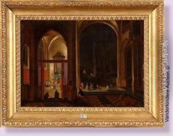 Interieur D'eglise Anime A Anvers Oil Painting - Pieter Neefs The Elder, Frans The Younger Francken
