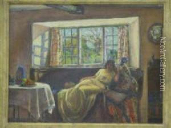 Young Woman Reclining On A Window Seat Oil Painting - Harvey Harold