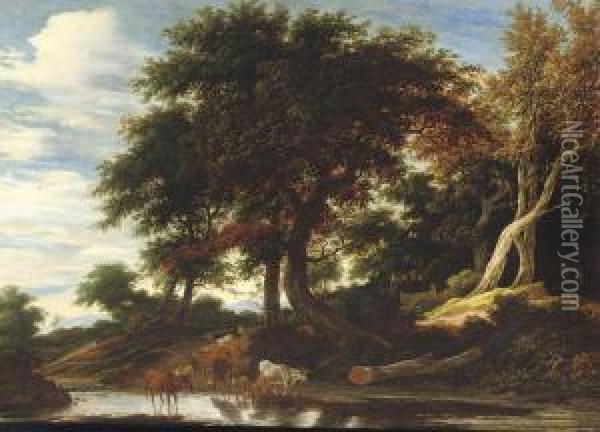 Cattle Fording A Stream In A Wooded Landscape Oil Painting - Jacob Salomonsz. Ruysdael