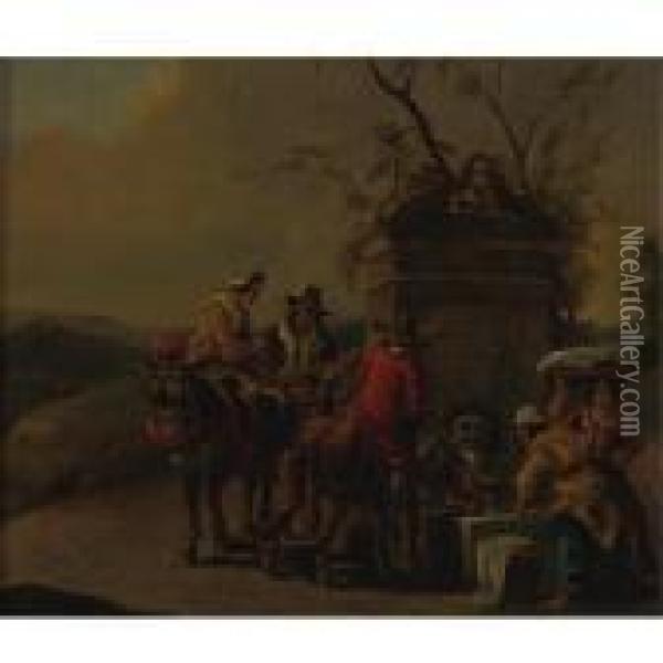 Travelers Resting At A Fountain Oil Painting - Nicolaes Berchem
