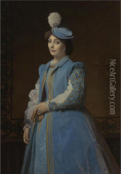 Portrait Of A Lady In Blue Oil Painting - Charles Francois Jalabert