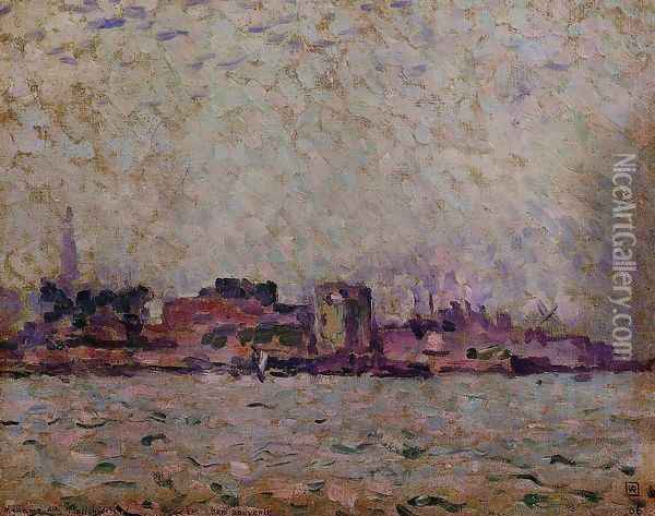 Morning Fog over the Port of Veer, Holland Oil Painting - Theo van Rysselberghe