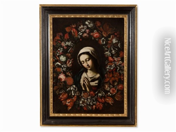 Madonna In Garland Of Flowers Oil Painting - Giovanni Battista Salvi (Il Sassoferrato)