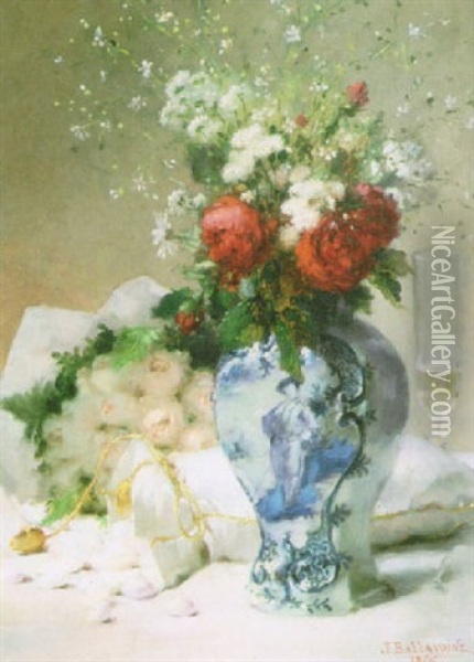 Still Life Of Flowers In A Delft Blue And White Vase Oil Painting - Jules Frederic Ballavoine