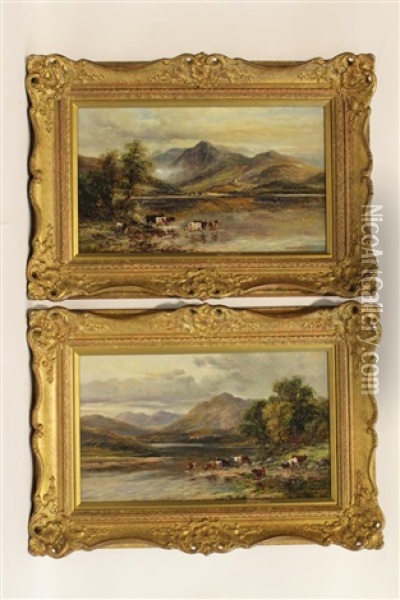 Mountain Scene With Cattle Watering In The Foreground (pair) Oil Painting - William Langley