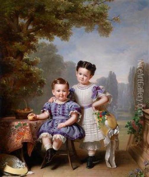 Zwei Kinder Vor Einer Parklandschaft Oil Painting - Anton Einsle