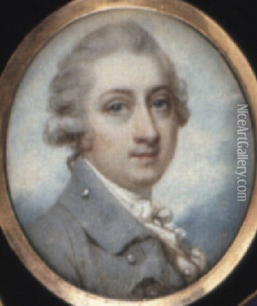 Portrait Of A Gentleman Wearing A Grey Coat And Knotted White Cravat Oil Painting - Richard Cosway