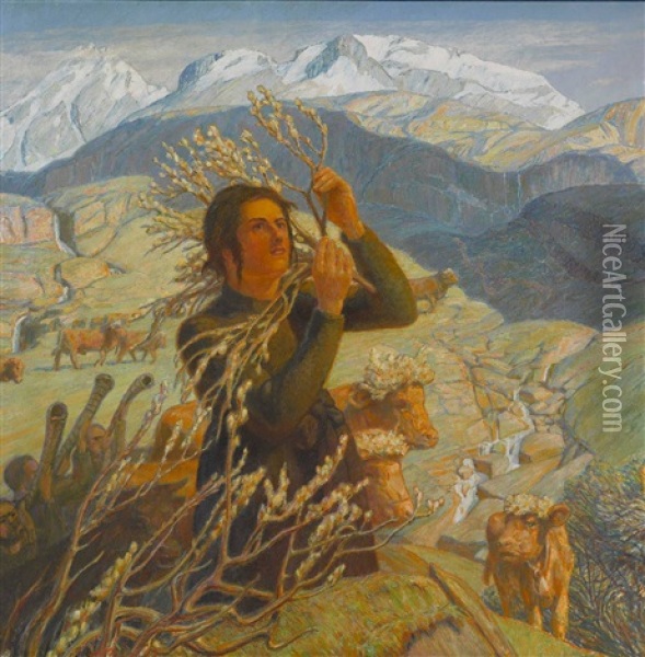 Gebirgslandschaft Mit Hirtin Und Herde Oil Painting - Erich Erler-Samedan