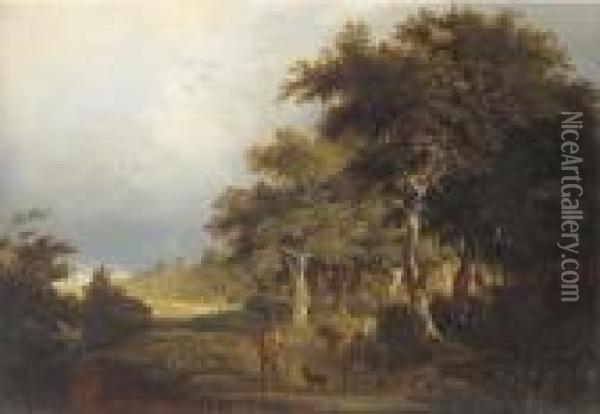 Figures On A Path In A Wooded Landscape Oil Painting - Edward Charles Williams
