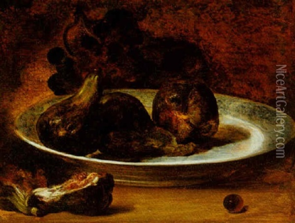 Still Life Of Grapes, And Figs In A Blue And White Porcelain Plate Oil Painting - Jean-Baptiste Oudry