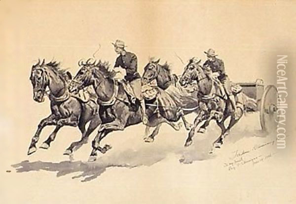 Team of calvary horses pulling a caisson Oil Painting - Frederic Remington