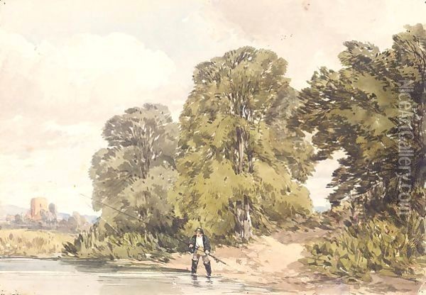 Fisherman On A River With Woodland And A Church In The Background Oil Painting - William Callow