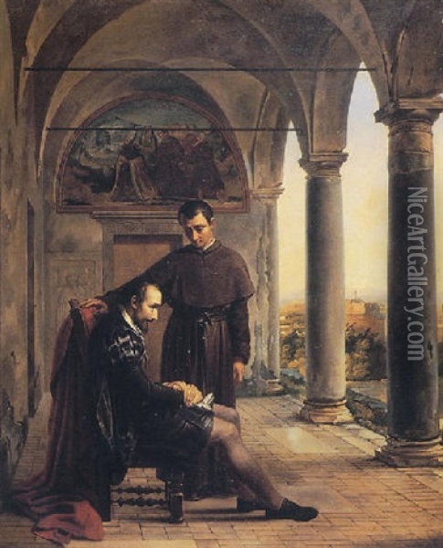 Le Tasse Convalescent Au Couvent De Saint Onofrio A Rome Oil Painting - Charles Philippe Auguste de Lariviere
