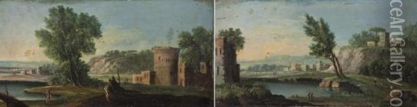 A) Paesaggio Con Fiume, Torre Sulla Sinistra E Viandanti Oil Painting - Michele Pagano