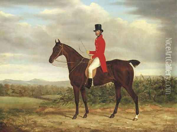 A Gentleman on his Bay Hunter in a landscape Oil Painting - James Loder