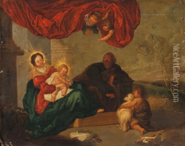 La Sainte Famille Avec Saint Jean-baptiste Enfant Oil Painting - Pierre Brebiette