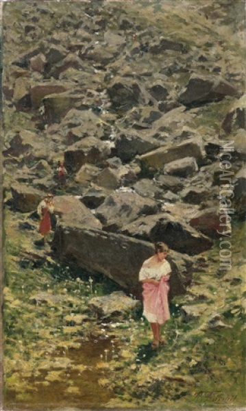 Felsige Landschaft Mit Jungen Frauen Am Bachufer Oil Painting - Achille Formis