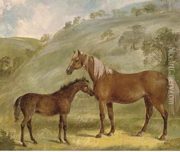 A mare with her foal, in an extensive landscape Oil Painting - English School