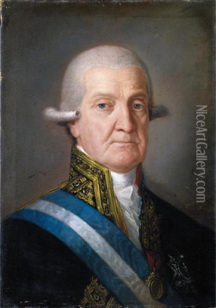 Portrait Of A Gentleman, Half 
Length, Wearing The Sash And The Star Of The Order Of Charles Iii And 
The Badge Of The Order Of Santiago Oil Painting - Augustin Esteve