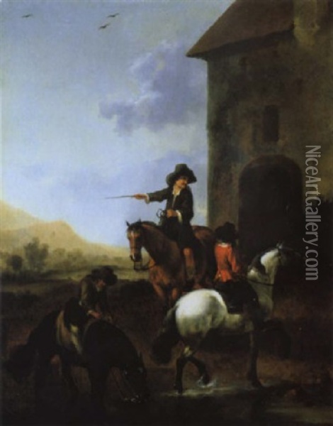 Landschaft Mit Drei Reitern Vor Einem Gebaude Oil Painting - Abraham Van Calraet