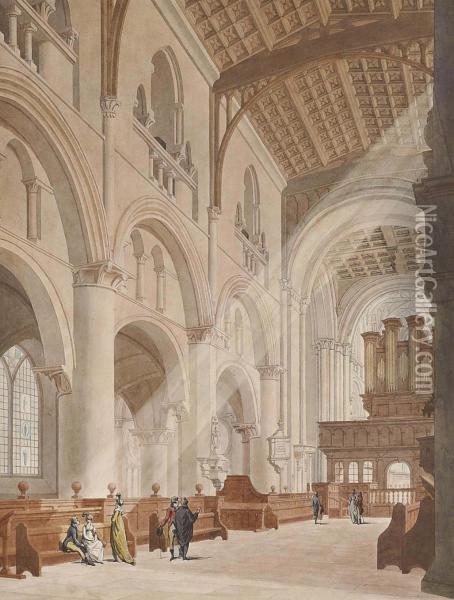 Elegant Figures In Christ Church Cathedral, Oxford Oil Painting - Thomas The Younger Malton