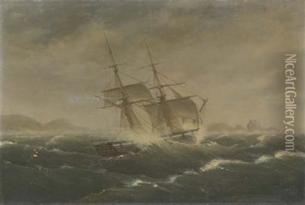 A Sailing Vessel In A Heavy Sea Oil Painting - Thomas Birch