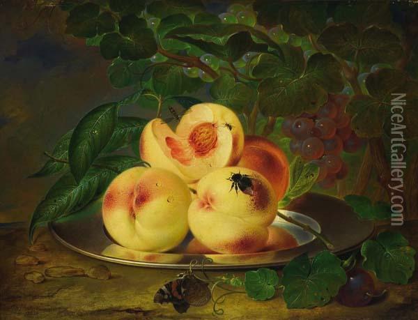 Still Life With Peaches, Grapes & Insect Oil Painting - Theodor Mattenheimer