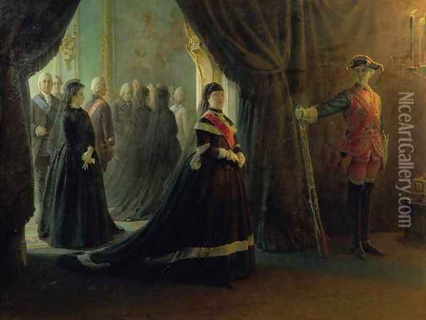 Catherine II (1729-96) at the Coffin of Empress Elizabeth (1709-61), 1874 Oil Painting - Nikolai Nikolaevich Ge