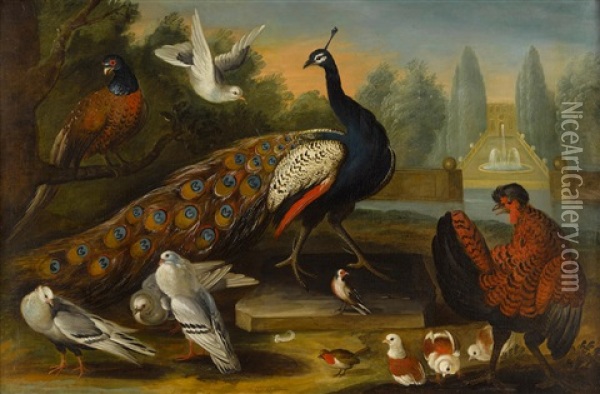 A Peacock, A Pheasant, A Cockerel And Other Birds In An Ornamental Garden Oil Painting - Marmaduke Cradock