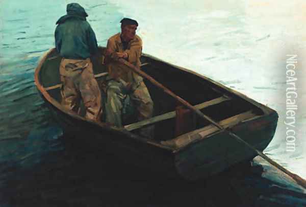 Fishermen Rowing Out Oil Painting - Otto Wagenfeldt