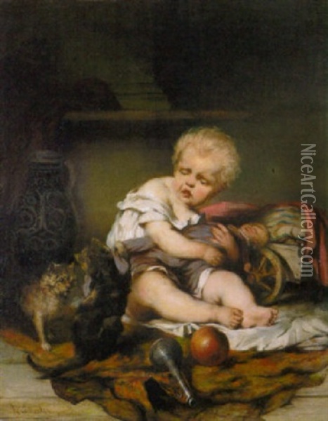 Die Kleine Puppenmutter Schutzt Ihre Puppe Vor Dem Angriff Der Beiden Katzen Oil Painting - Carl Eckerler