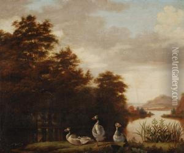 Three Ducks By A Lake In An Extensive Landscape Oil Painting - Dirck Wyntrack