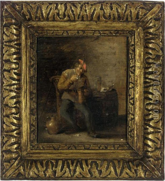 A Boor Smoking And Drinking In An Interior Oil Painting - David The Younger Teniers