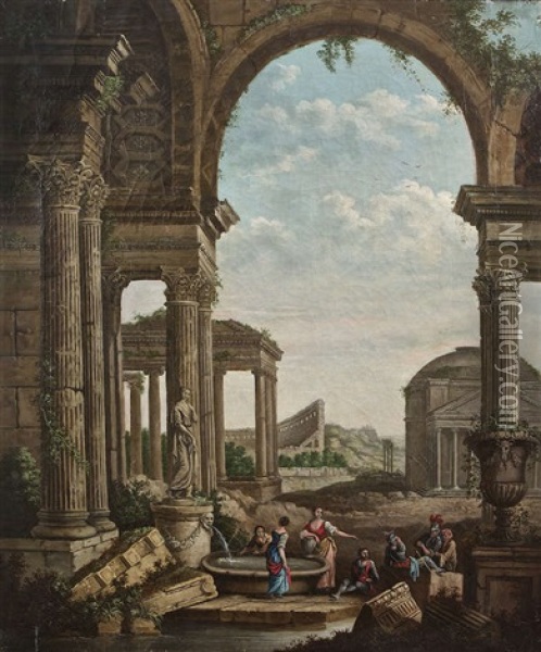 A Capriccio Of Roman Ruins With Figures Around A Fountain, With A View Of The Pantheon Through Arches Oil Painting - Willem van der Hagen