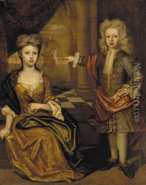 Double Portrait Of A Young Boy And Girl, The Boy In A Gold-embroidered Blue Jacket, The Girl In A Gold Dress Oil Painting - Johan (J. C.) van der Hagen
