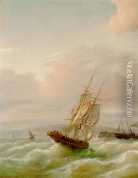 A Norwegian Trading Brig Running Into Port Past The Departing Packet Oil Painting - Paul Jean Clays
