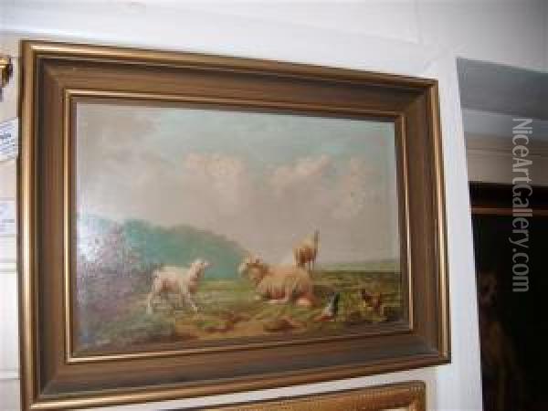 Sheep And Chickens In A Landscape Oil Painting - Joseph Van Dieghem