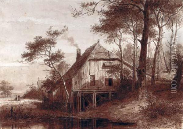 A Watermill In A Wooded Landscape Oil Painting - Jan Frederik Van Deventer