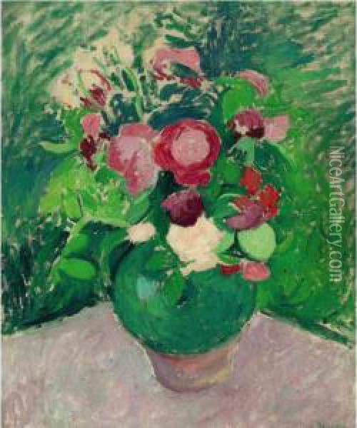 Green Jug Of Roses: Still Life (bouquet Of Flowers) Oil Painting - Patrick Henry Bruce