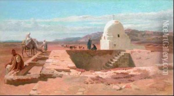 Paesaggio Del Medio Oriente Con figure Umane E Cammelli Oil Painting - Frederick Goodall