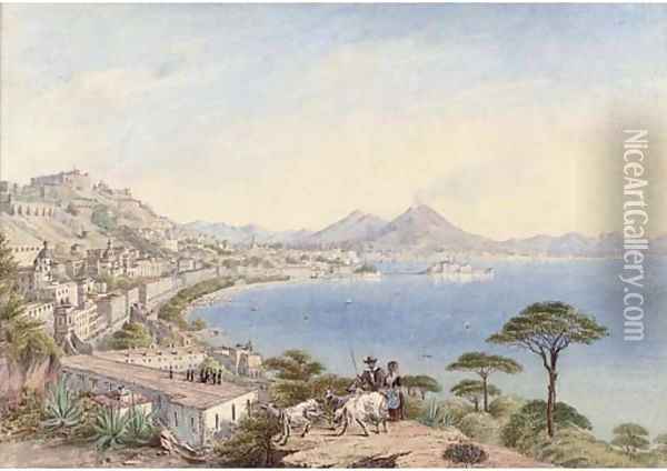 The Bay of Naples, Vesuvius behind Oil Painting - Continental School