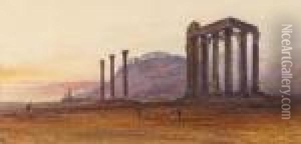 The Temple Of Olympian Zeus, With The Acropolis In The Distance,athens, Greece Oil Painting - Edward Lear