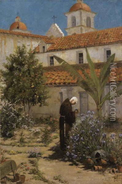 In The Garden, Santa Barbara Mission Oil Painting - Amedee Joullin